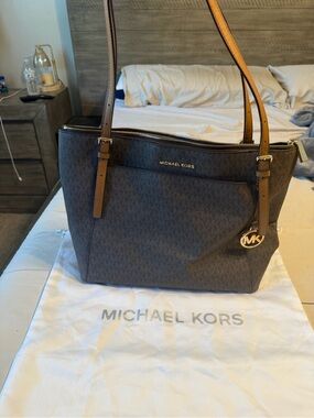 Michael Kors Brown Logo Shoulder Tote with Tan Straps